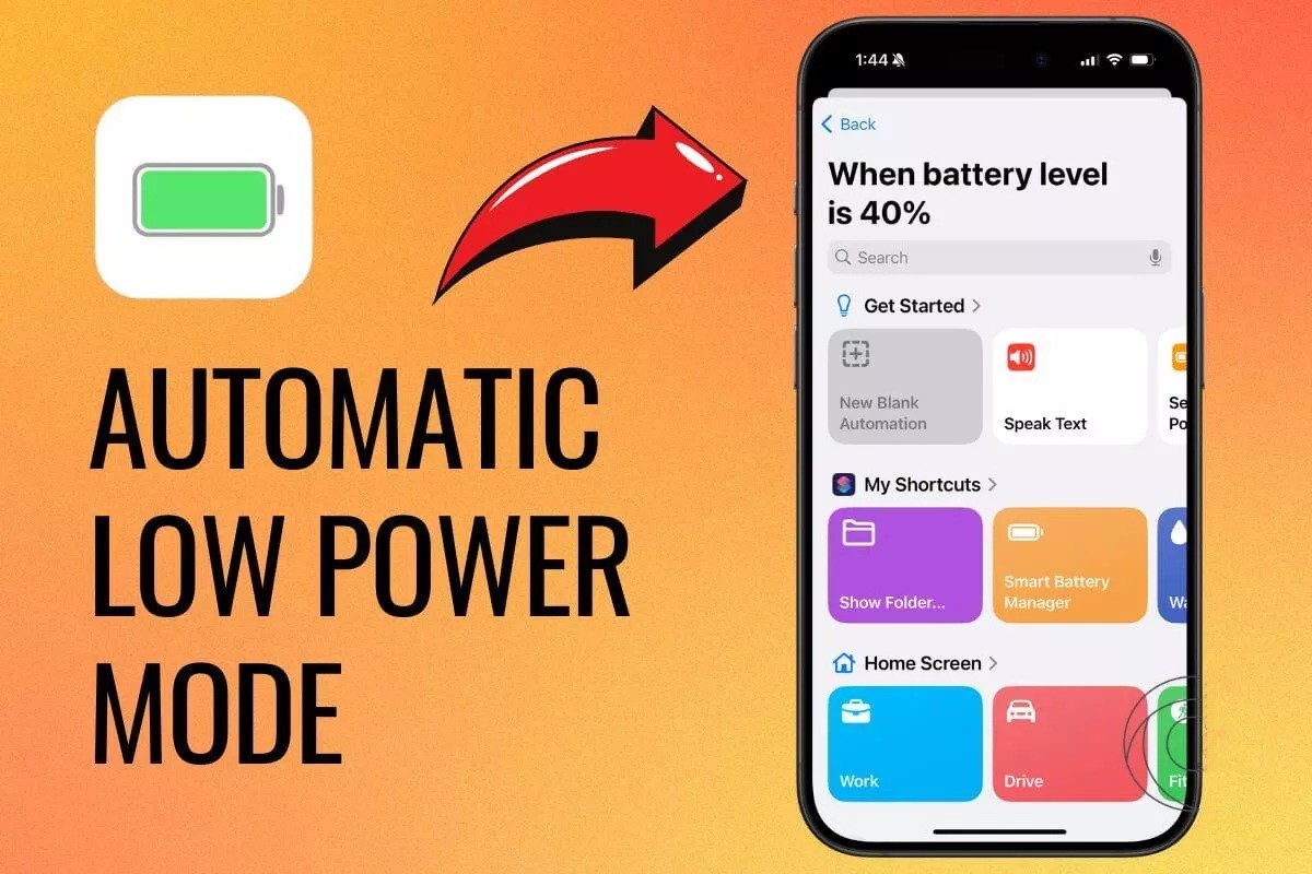 من iPhoneIslam.com، تعرض شاشة iPhone اختصار تفعيل وضع الطاقة الضعيفة عند 40% مستوى البطارية، مع النص "وضع الطاقة المنخفضة التلقائي" وأيقونة بطارية على خلفية متدرجة برتقالية.