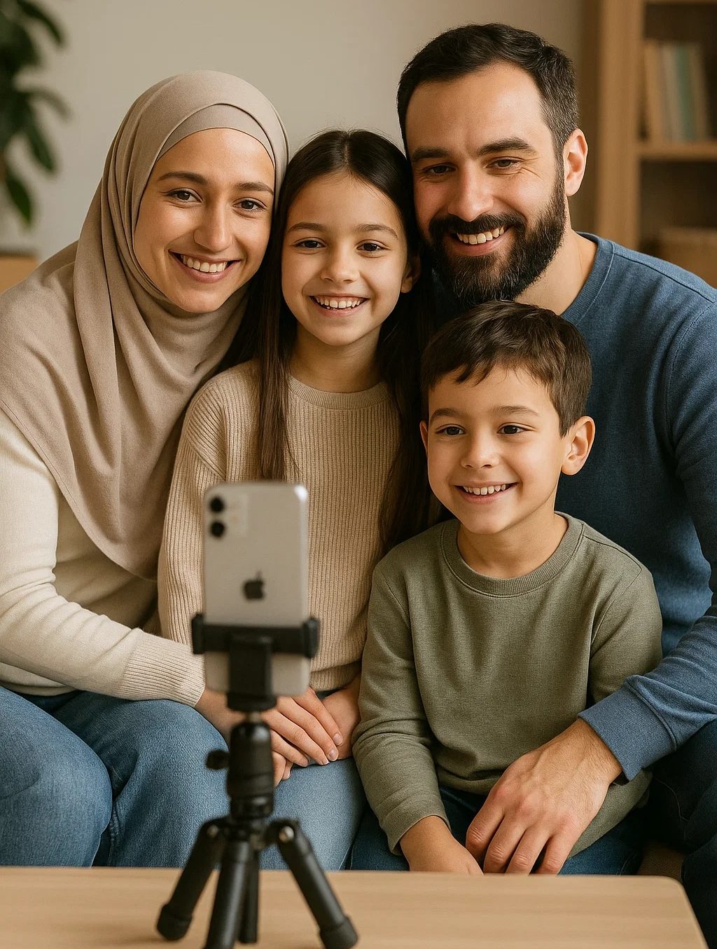 من iPhoneIslam.com، عائلة مكونة من أربعة أفراد تجلس معًا، وتبتسم لهاتف ذكي مثبت على حامل ثلاثي الأرجل، ويبدو أنها تلتقط صورة أو مقطع فيديو في غرفة معيشة مريحة باستخدام التحكم عن بعد في كاميرا الآيفون، بدون مشاهدة أبل.