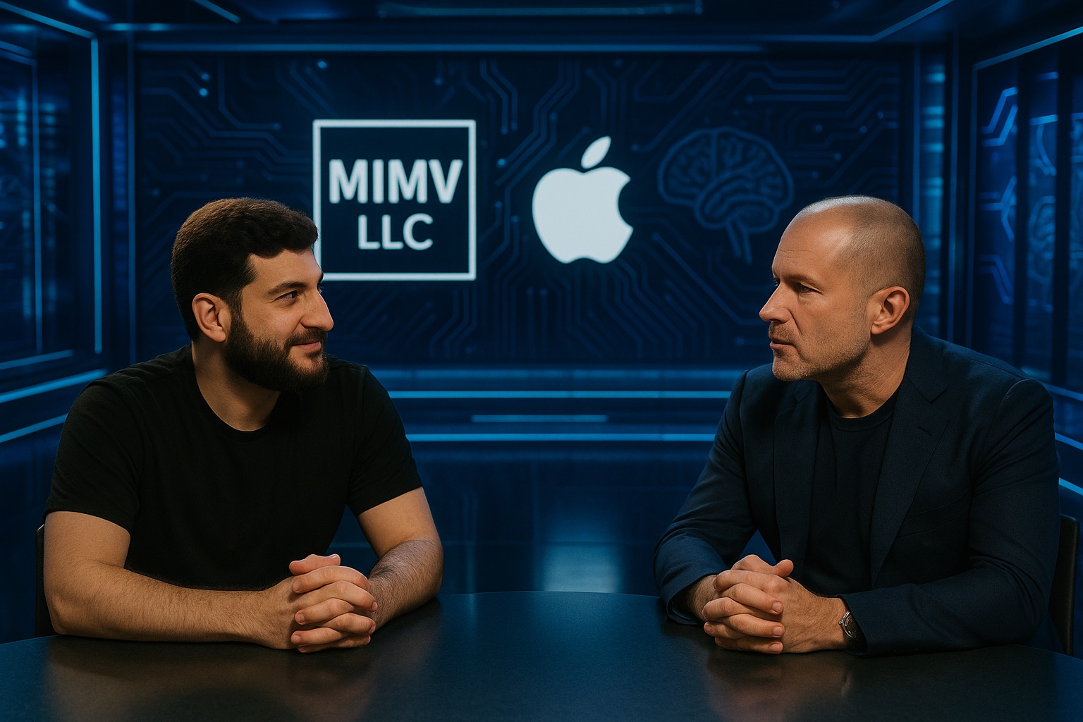 من iPhoneIslam.com، يجلس رجلان على طاولة متقابلين، وخلفهما شاشات رقمية تعرض شعار MIMV LLC، وشعار Apple، ورسومات دماغية - مما يشير إلى مناقشة تتعلق بمؤتمر المطورين I/O 2025.