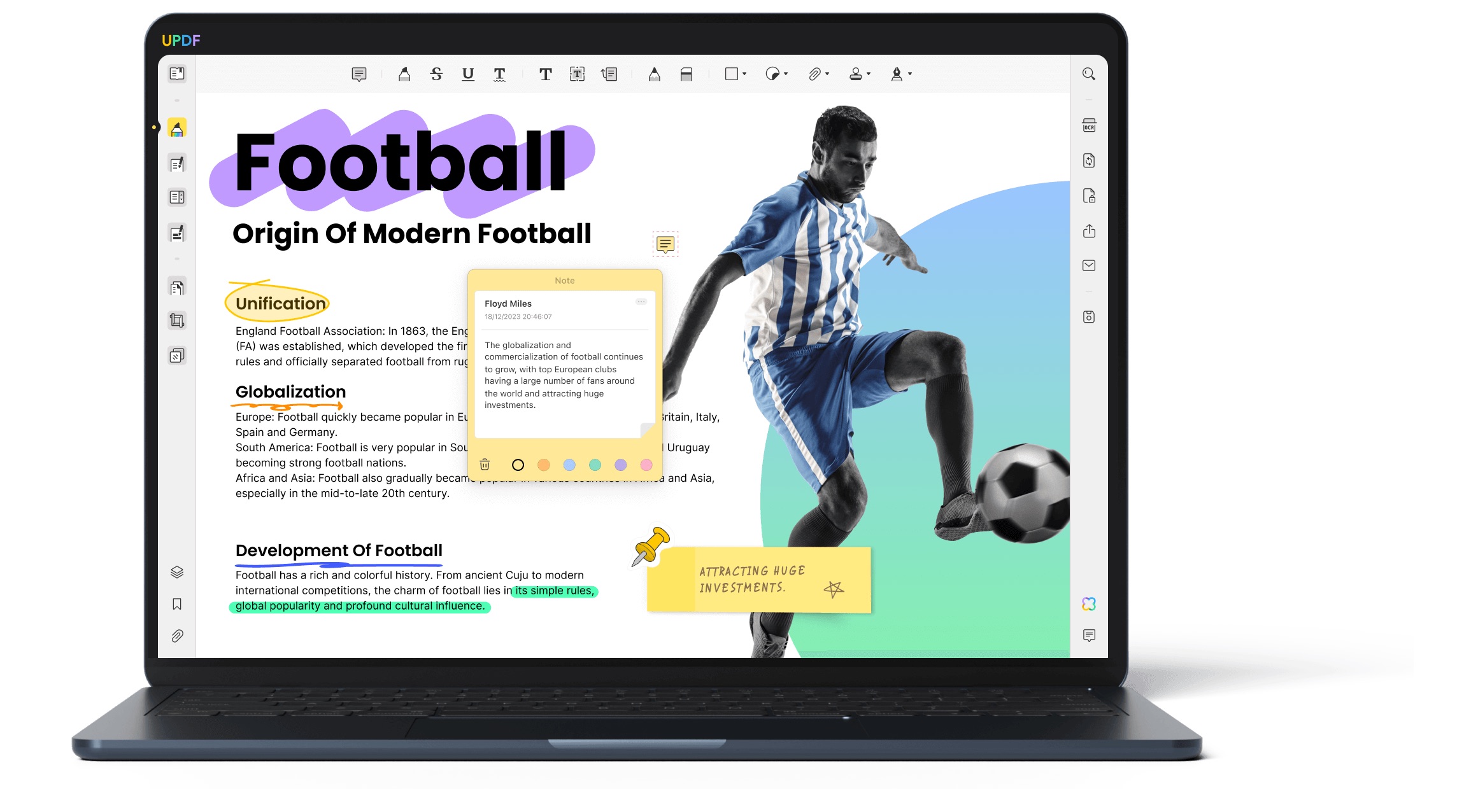 من iPhoneIslam.com، يعرض الكمبيوتر المحمول UPDF، وهو محرر PDF رقمي، يحتوي على مقالة ذات طابع كرة قدم مع صورة لاعب وتعليقات نصية وأدوات تحرير في الأعلى.