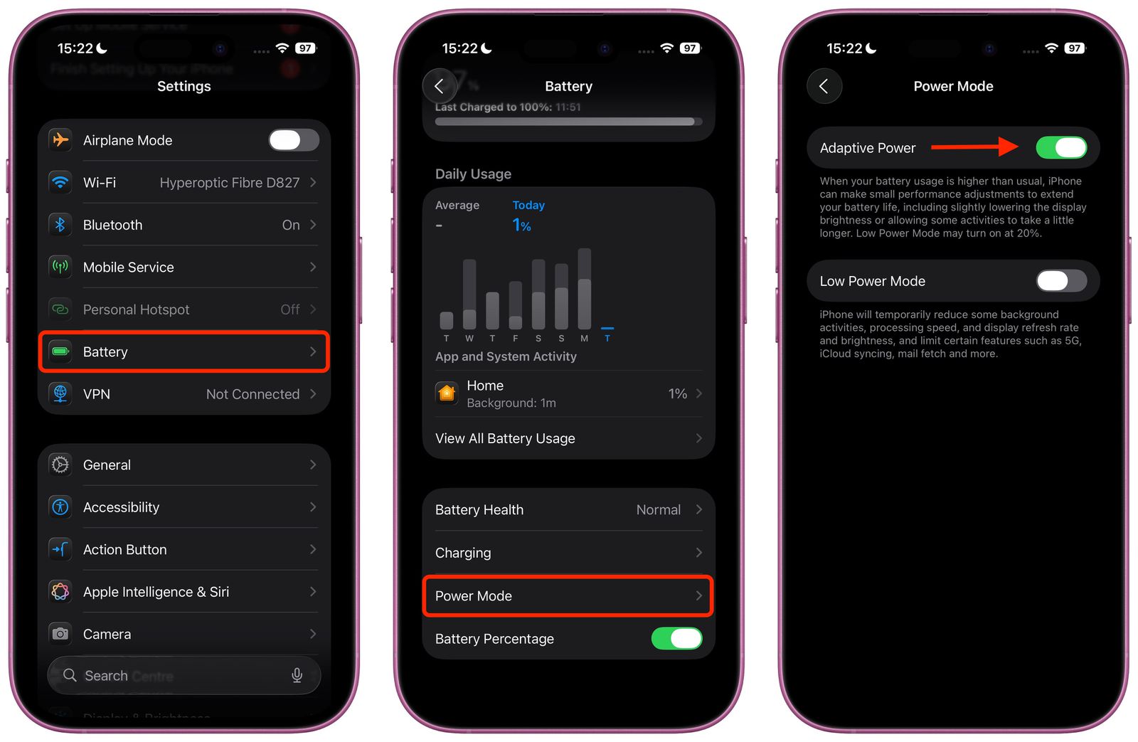 Da iPhoneIslam.com, tre schermate di iPhone che mostrano i passaggi in iOS 26 per abilitare la modalità di alimentazione adattiva: Impostazioni, quindi Batteria, quindi Modalità di alimentazione con l'interruttore di alimentazione adattiva attivato per contribuire a migliorare la durata della batteria dell'iPhone.