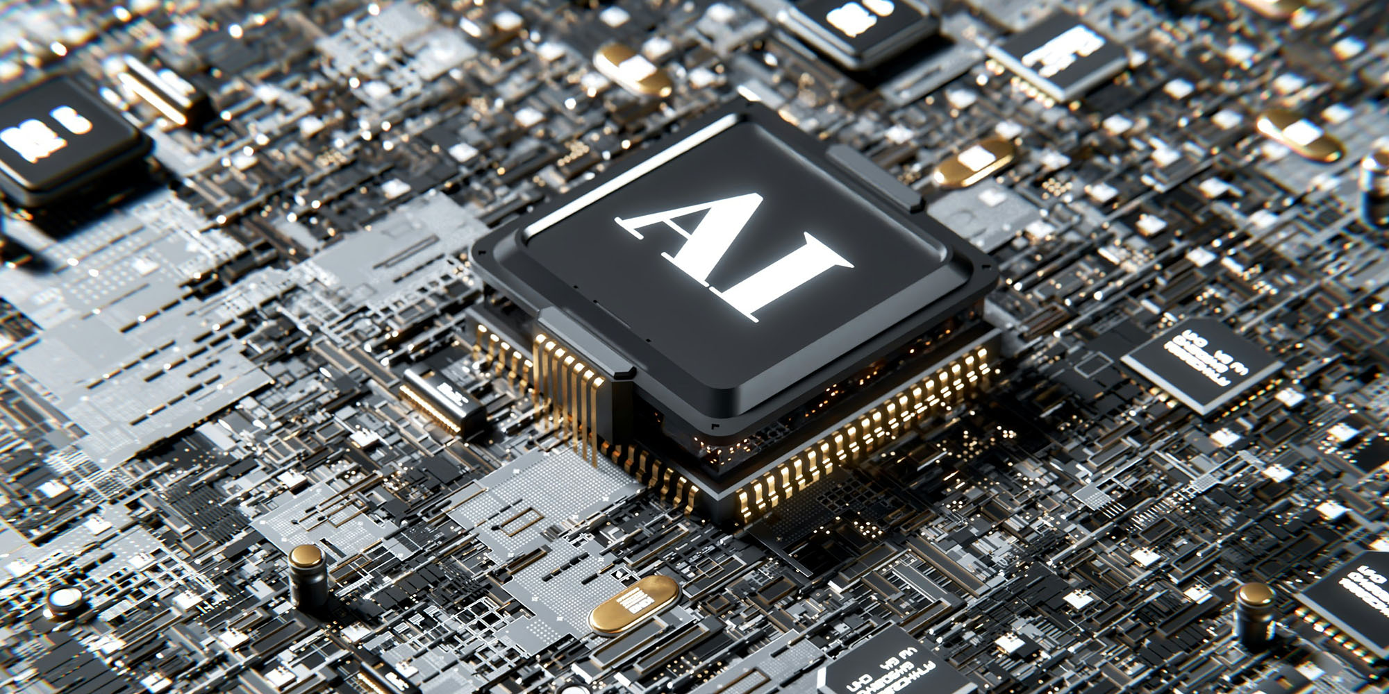 من iPhoneIslam.com، منظر عن قرب لرقاقة كمبيوتر مكتوب عليها "ذكاء اصطناعي" على لوحة دوائر كهربائية مع مكونات إلكترونية مختلفة، مما يشير إلى ميزات جديدة يمكن أن تشغل أجهزة مستقبلية مثل آي-فون 17و برو ماكس.