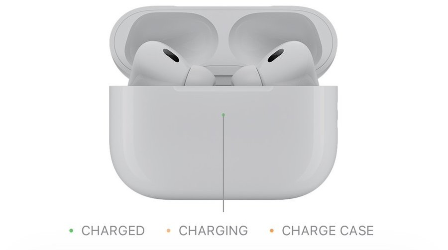 من iPhoneIslam.com، زوج من سماعات الأذن اللاسلكية في علبة شحن مع مؤشر ضوئي يظهر باللون الأخضر، ومفتاح بالأسفل لحالات الشحن والشحن وعلبة الشحن يظهر في أخبار على الهامش للأسبوع 1-7 أغسطس.