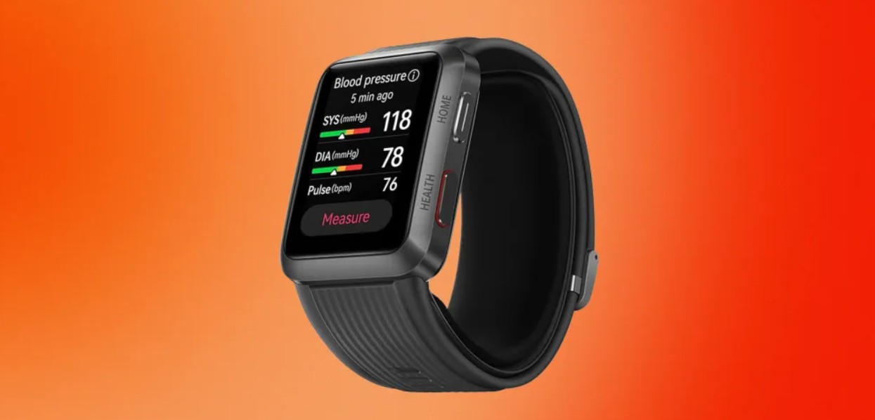 来自 iPhoneIslam.com，黑色 Apple Watch Series 11 在渐变橙色背景的显示屏上显示血压和脉搏读数。