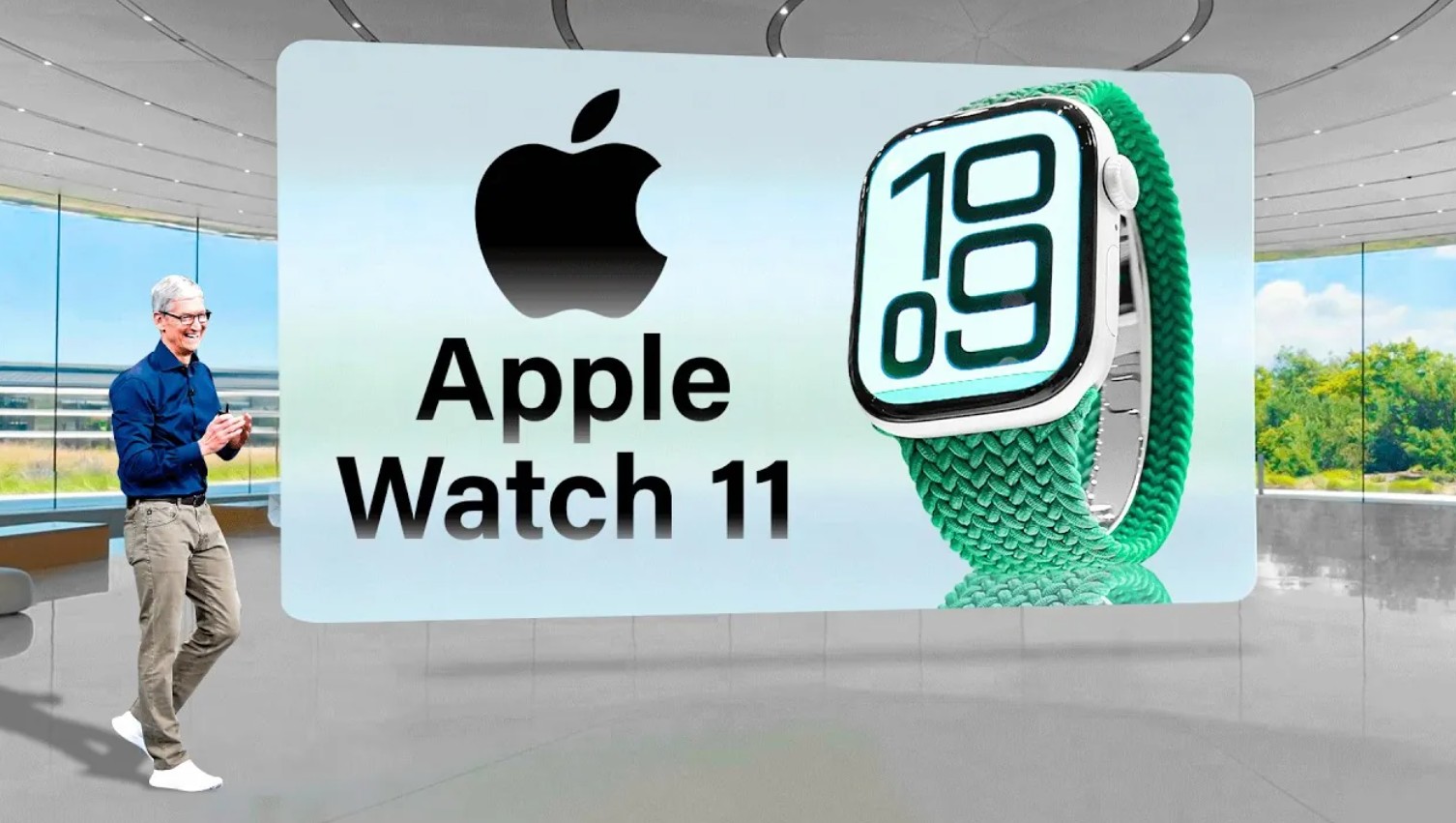 من iPhoneIslam.com، يقف شخص بجوار شاشة كبيرة تعرض شعار Apple، والنص "Apple Watch Series 11"، وصورة لساعة ذكية ذات علامة خضراء.