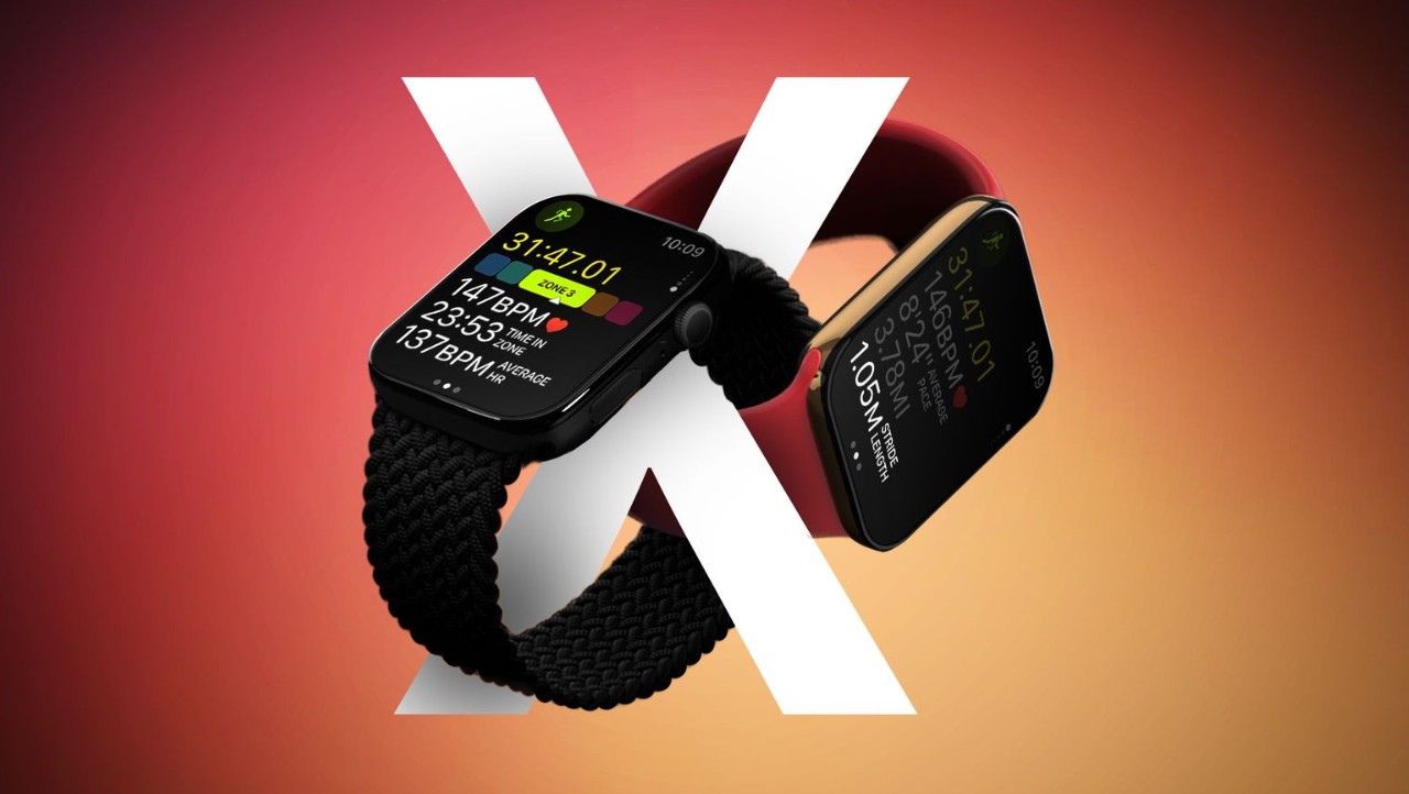 来自 iPhoneIslam.com 的两款智能手表，包括配有鲜艳表带和彩色显示屏的 Apple Watch Series 11，显示在橙红色渐变背景上的一个大白色“X”前。