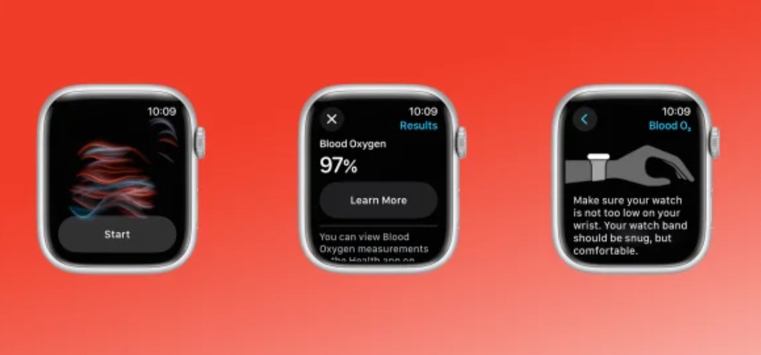 来自 iPhoneIslam.com，Apple Watch Series 11 在血氧应用程序中显示三个屏幕：带有“开始”的旋转图形、97% 的血氧读数和手腕放置说明。
