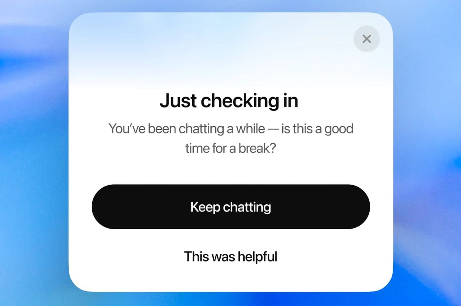 من iPhoneIslam.com، رسالة منبثقة تقول "فقط أطمئن عليك. لقد كنت تدردش لفترة من الوقت - هل هذا وقت مناسب للاستراحة؟ ابق على اطلاع دائم مع أخبار التقنية وملخص الأسبوع. الخيارات: "استمر في الدردشة" أو "كان هذا مفيدًا.