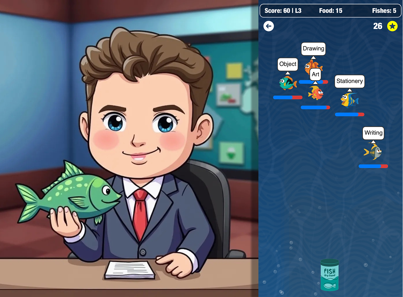 من iPhoneIslam.com، رجل أعمال كرتوني يحمل سمكة خضراء على مكتب، مع واجهة لعبة على اليمين تظهر فيها سمكة تحمل كلمات مثل "فن" و"رسم" و"قرطاسية" - وكلها معروضة على شاشة برو 17.