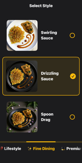 من iPhoneIslam.com، تُظهر قائمة اختيار نمط الطعام في تطبيق فودوجينيك ثلاثة خيارات للأطباق: الصلصة الدوارة والصلصة المقطرة (مختارة) والصلصة المقطرة (مختارة) والصلصة بالملعقة، ويعرض كل منها أشهر صور الطعام مع الأرز واللحم وتصاميم صلصة صلصة متنوعة.