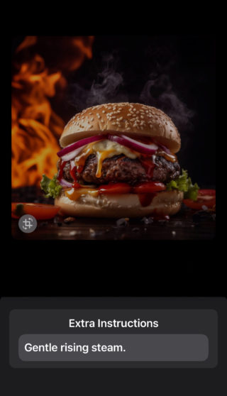 من iPhoneIslam.com، برجر بالجبن مع الخس والطماطم والبصل والبصل والكاتشب والجبنة الذائبة على خبز بذور السمسم - يتصاعد البخار وترتفع ألسنة اللهب في الخلفية - تماماً مثل صور الطعام التي ستجدها في تطبيق فودوجينيك.