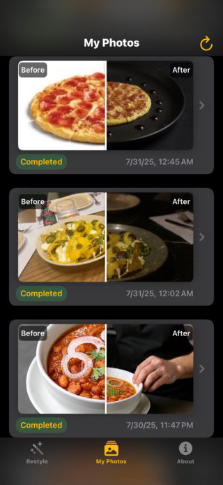 من iPhoneIslam.com، تعرض شاشة تطبيق الهاتف المحمول من تطبيق تطبيق فودوجينيك ثلاث مقارنات "قبل وبعد" صور الطعام، تعرض كل منها عرضًا محسنًا، مع وضع علامة على حالة الإنجاز وإدراج التواريخ والأوقات المقابلة.
