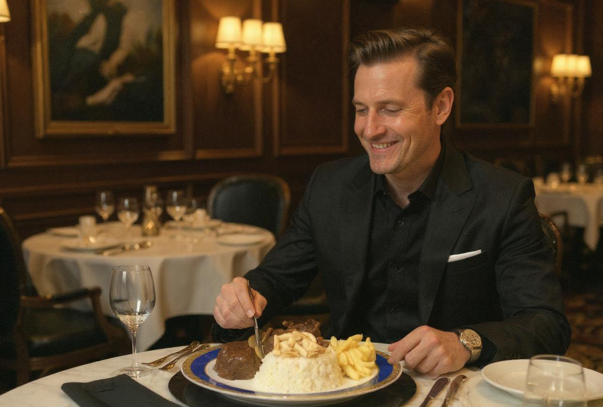 من iPhoneIslam.com، رجل يرتدي بدلة داكنة يجلس على طاولة مطعم، مبتسمًا وهو يستمتع بأشهى المأكولات.