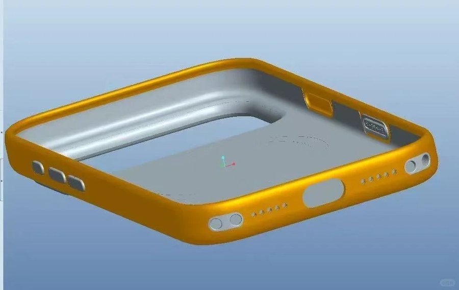 من iPhoneIslam.com، عرض ثلاثي الأبعاد باستخدام التصميم بمساعدة الحاسوب لحافظة واقية مستطيلة باللونين البرتقالي والرمادي، من المحتمل أن تكون مصممة لجهاز إلكتروني، وتظهر فيها فتحات للمنافذ والأزرار.