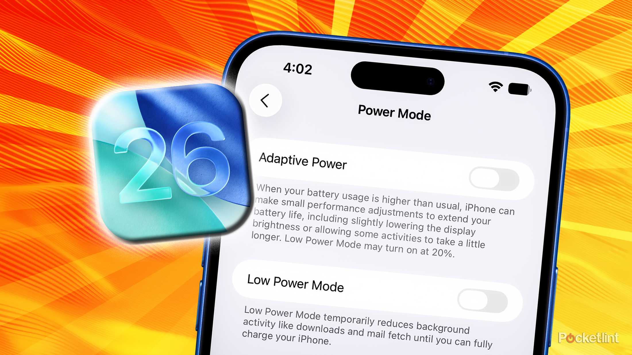 من iPhoneIslam.com، شاشة iPhone التي تعرض إعدادات وضع الطاقة، بما في ذلك وضع الطاقة التكيفي ووضع الطاقة المنخفضة، مع أيقونة iOS 26 وخلفية برتقالية مجردة وتركيز على عمر بطارية الآيفون.