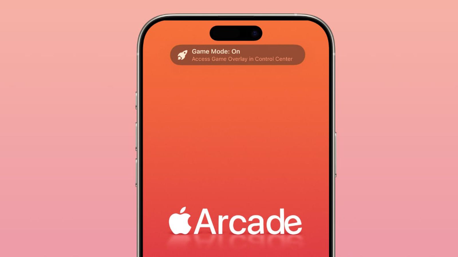 من iPhoneIslam.com، تعرض شاشة الهاتف الذكي شعار أبل آركيد على خلفية برتقالية اللون، ويظهر إشعار وضع اللعب في الأعلى، مع تسليط الضوء على تطبيق الألعاب الجديد على نظام التشغيل iOS 26.