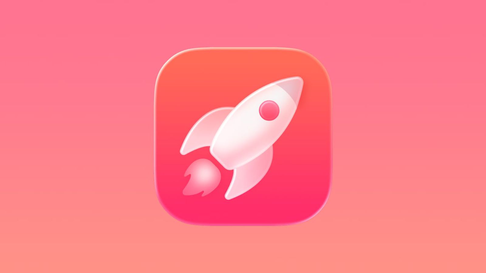 من iPhoneIslam.com، أيقونة صاروخ أبيض على خلفية مربعة مستديرة وردية اللون، على خلفية وردية متدرجة، تجسد روح الابتكار في نظام التشغيل iOS 26 وتطبيق الألعاب الجديد من أبل أبل.