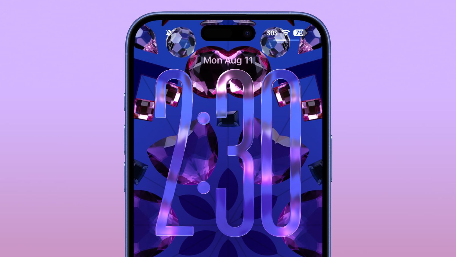 من iPhoneIslam.com، لقطة مقرّبة لشاشة هاتف ذكي تعرض الوقت 2:30 مع خلفية مزخرفة على شكل جوهرة وأيقونات تظهر البطارية وقوة الإشارة في الأعلى.