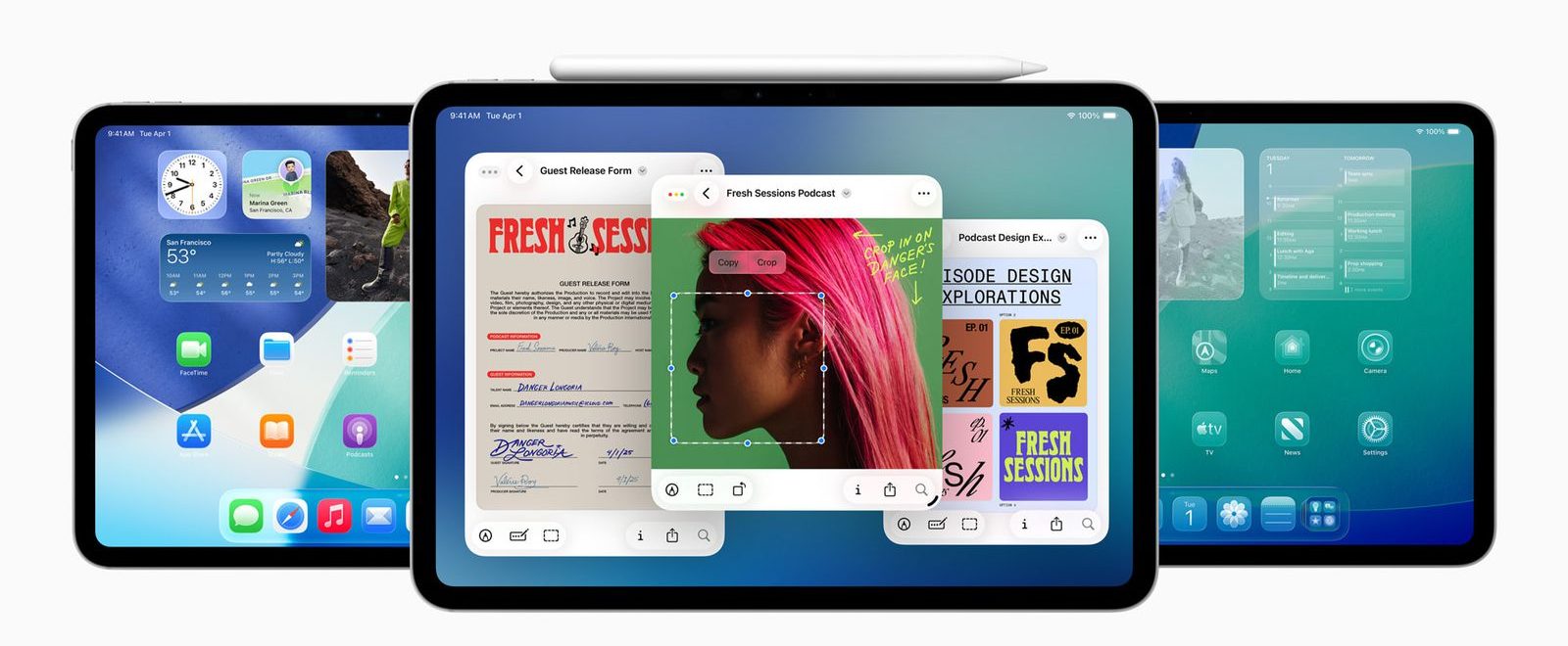 من iPhoneIslam.com، ثلاثة من أجهزة الآي باد شاشات متعددة تبرزات الإنتاجية مع قلم أبل على الجهاز الأوسط، وتسلط الضوء على تطبيقات جديدة جاءت مع تحديث iPadOS 26.