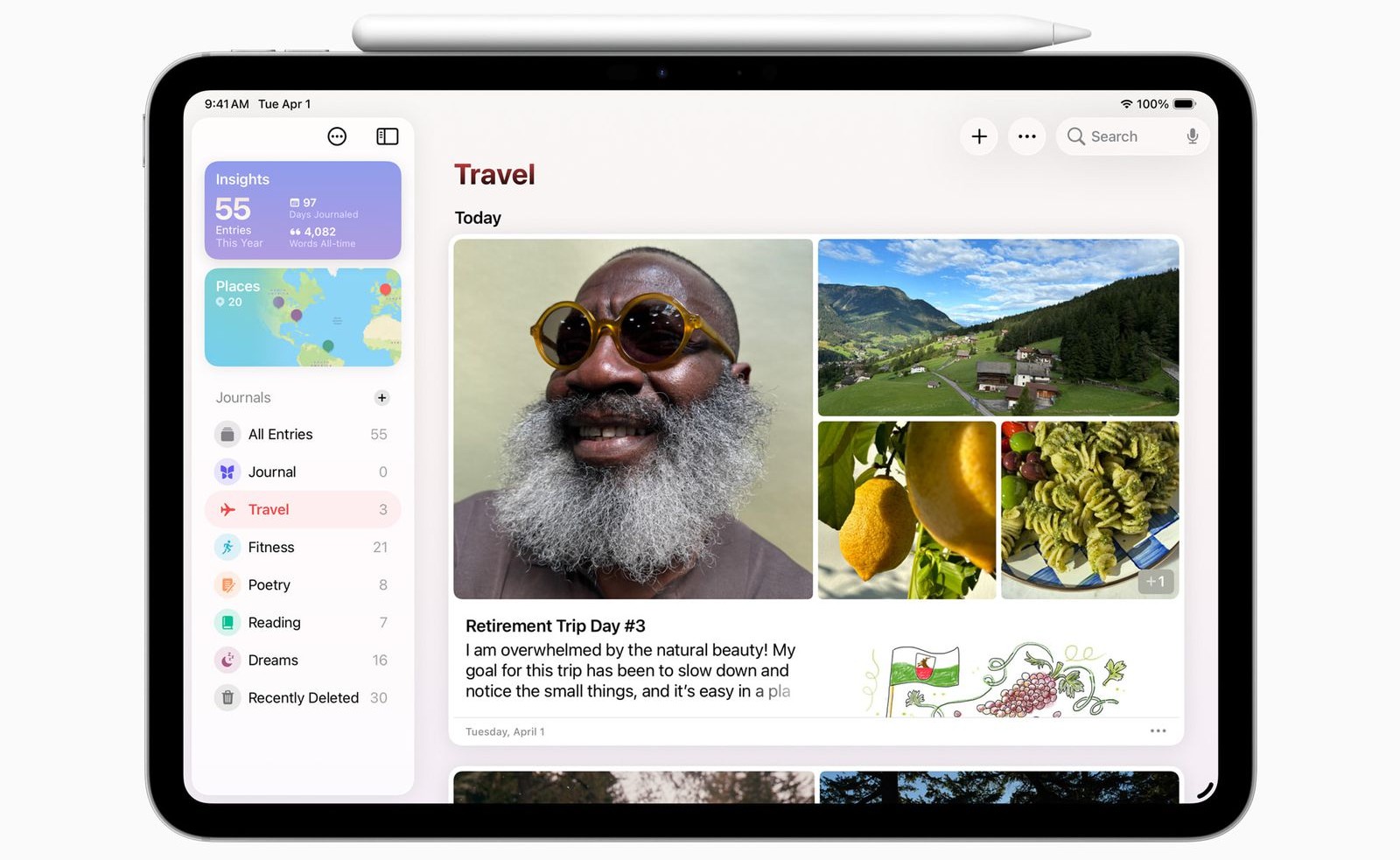 من iPhoneIslam.com، يعرض جهاز iPad تطبيق يوميات رقمي مفتوح على تطبيق "السفر"، يعرض صور السفر، ومقتطفات نصية, وقوائم التصفح على الشريط الجانبي الأيسر، مع الاستفادة من تطبيقات جديدة بعد تحديث iPadOS 26 على الآي باد.