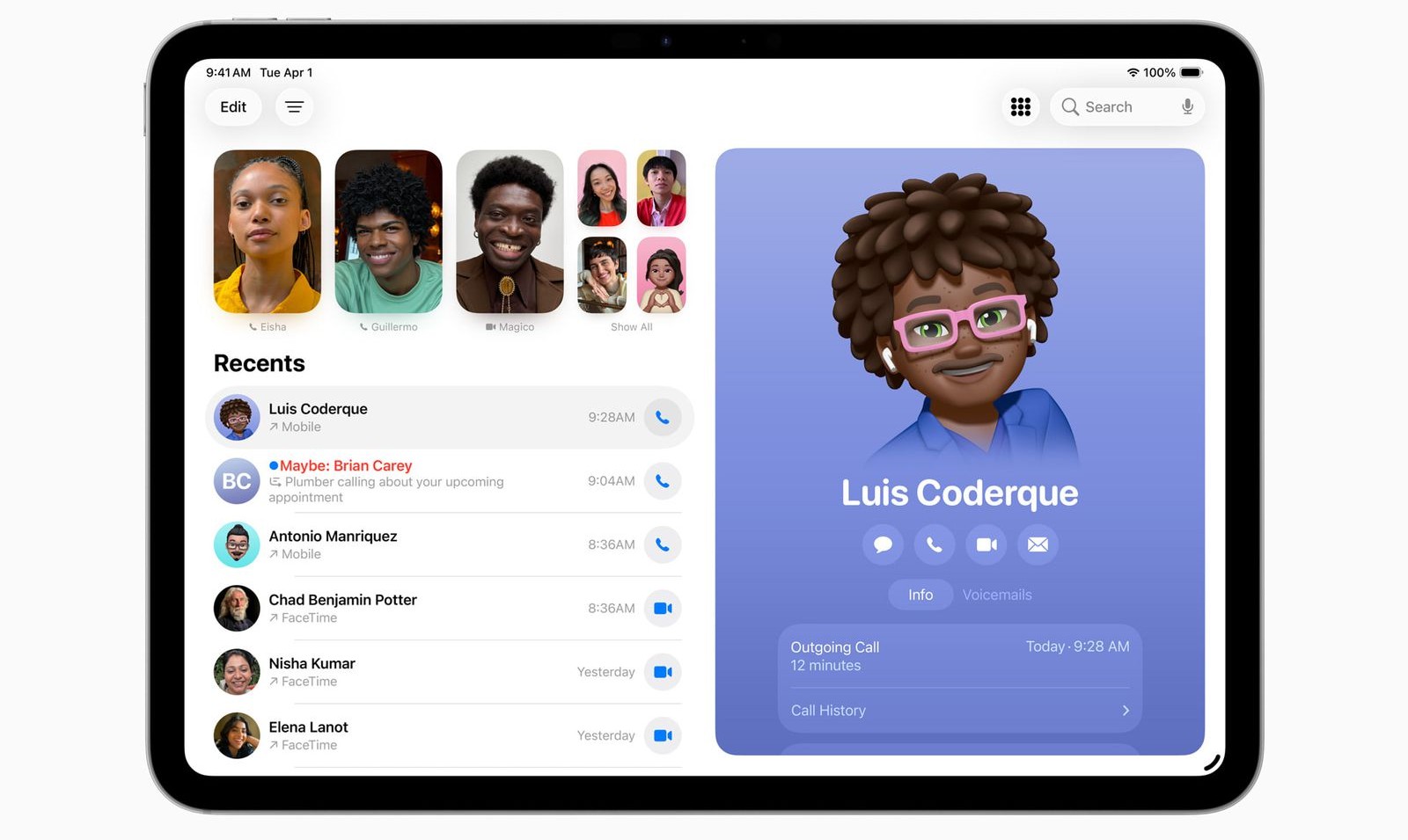 من iPhoneIslam.com، تعرض شاشة الآيباد واجهة مكالمة فيديو مع جهات الاتصال الحديثة على اليسار وبطاقة جهة اتصال مع صورة رمزية لـ "ميموجي" وتفاصيل المكالمة لـ لويس كوديرك على اليمين, عرض ميزات تطبيقات تطبيقات جديدة بعد تحديث iPadOS 26 على الآي باد.