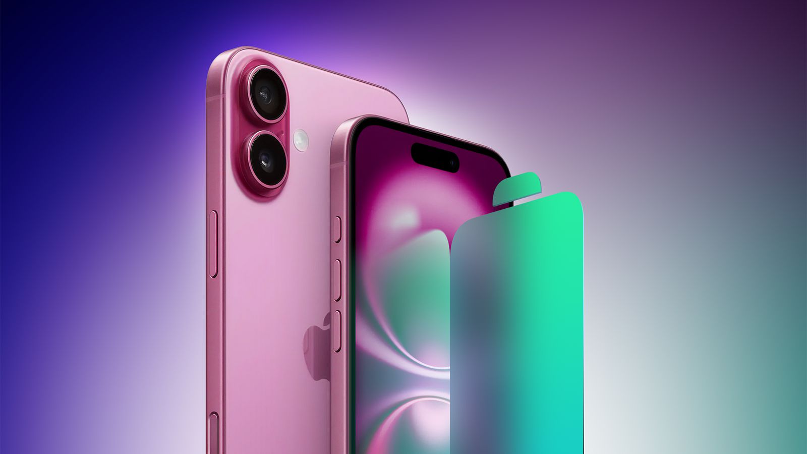 Da iPhoneIslam.com, uno smartphone rosa con doppia fotocamera posteriore è mostrato accanto al suo display che mostra una grafica colorata, insieme a una pellicola protettiva verde per lo schermo che evidenzia funzionalità come iOS 26 e la modalità di alimentazione adattiva per la durata della batteria dell'iPhone.
