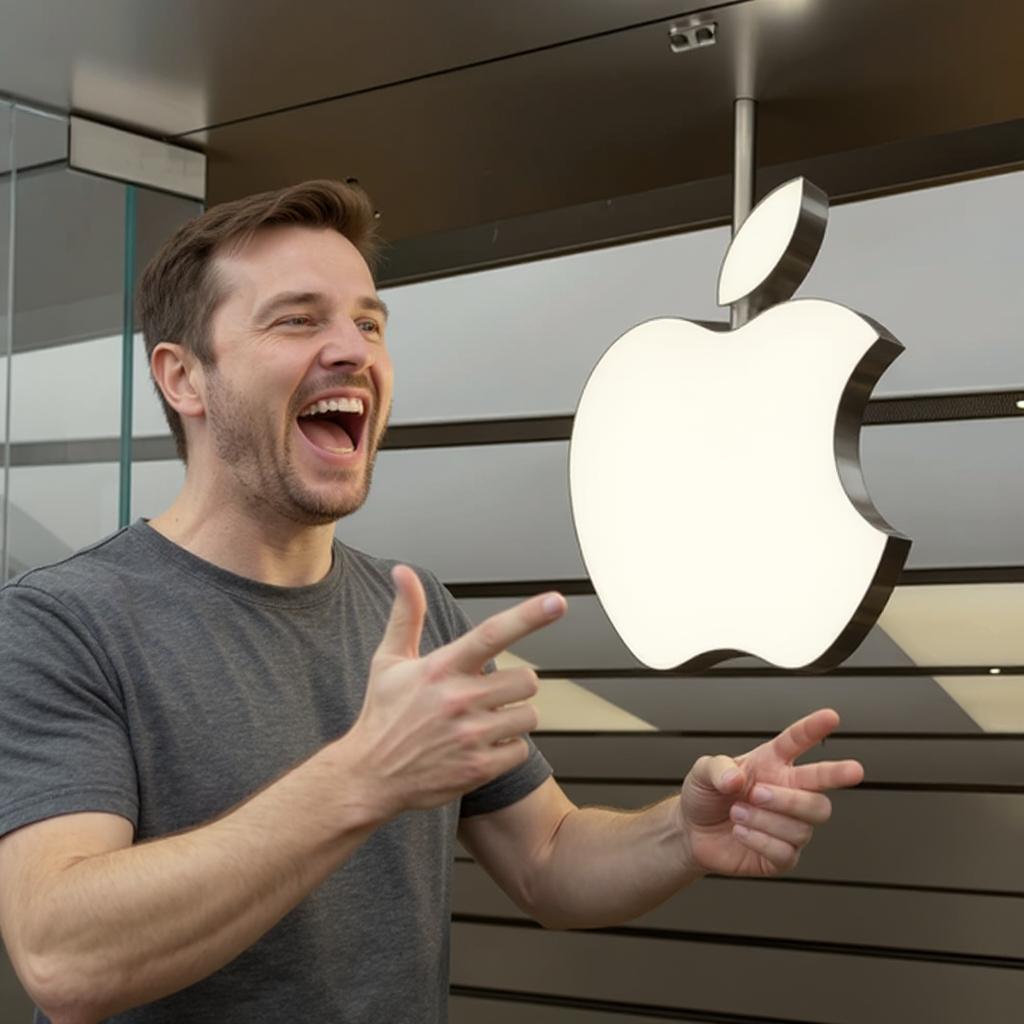 من iPhoneIslam.com، يبتسم رجل يرتدي قميصًا رمادي اللون ويشير بحماس بالقرب من شعار أبل الكبير المضيء على أحد الجدران، ربما ردًا على الأخبار الأخيرة مثل جوجل تسخر من آبل.