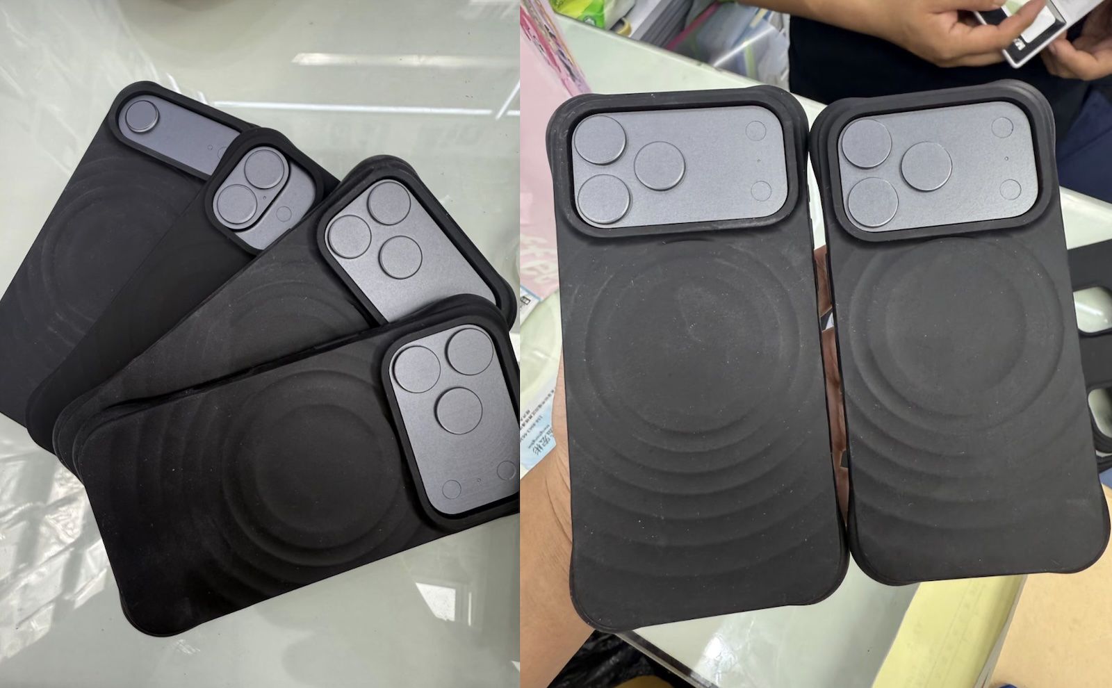 من iPhoneIslam.com، أربع حافظات هواتف سوداء ذات فتحات كاميرا كبيرة معروضة على طاولة. على اليمين، توجد حافظتان مرفوعتان لإلقاء نظرة عن قرب، حيث يتم التقاط لحظة من ملخص الأسبوع في أخبار عالم التقنية خلال أغسطس.