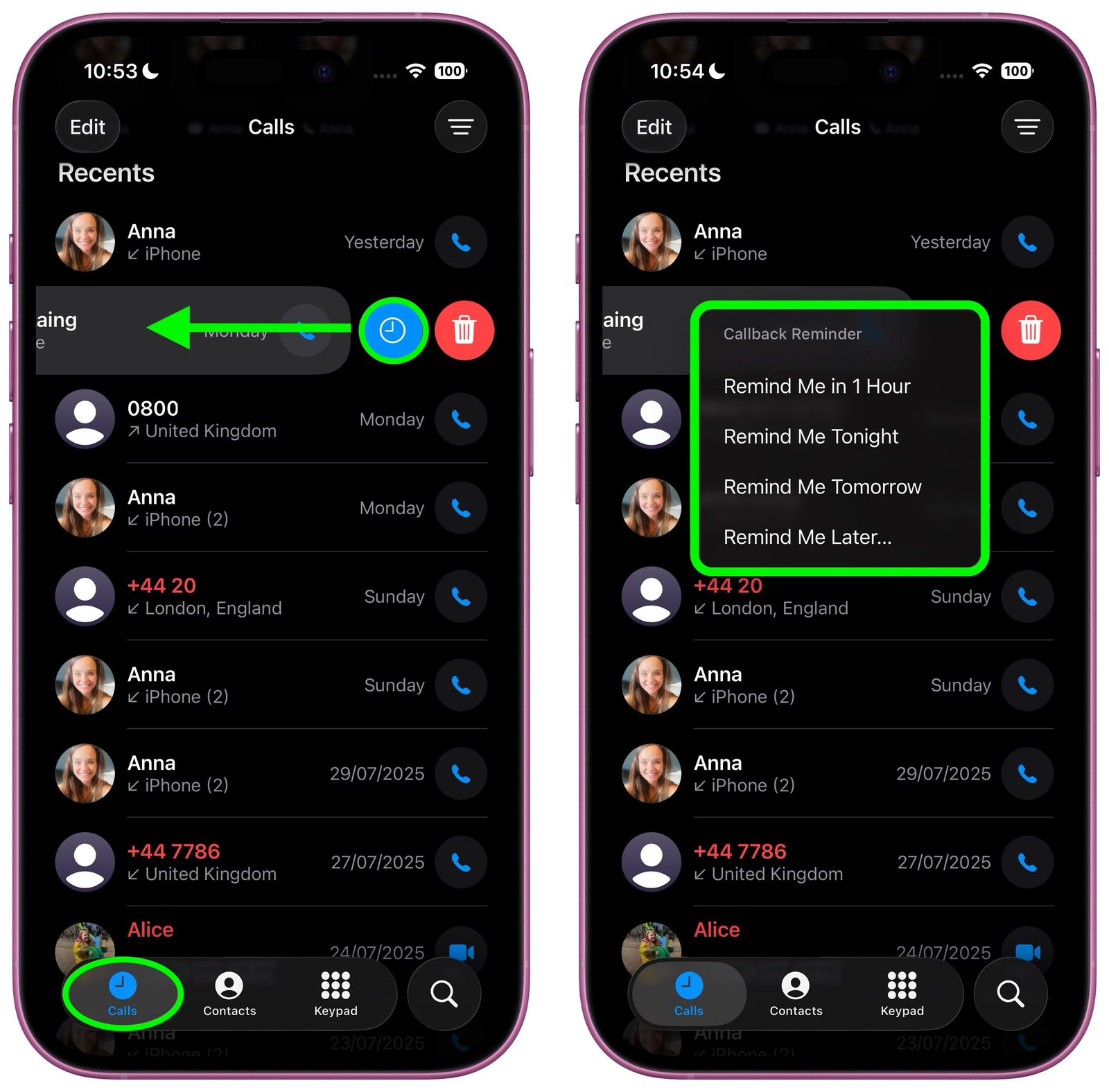 Da iPhoneIslam.com, due iPhone mostrano l'elenco delle chiamate registrate in iOS 26. Il riquadro di sinistra mostra le opzioni di scorrimento, mentre il riquadro di destra evidenzia le opzioni per i promemoria delle chiamate perse e "Ricordamelo tra XNUMX ora".