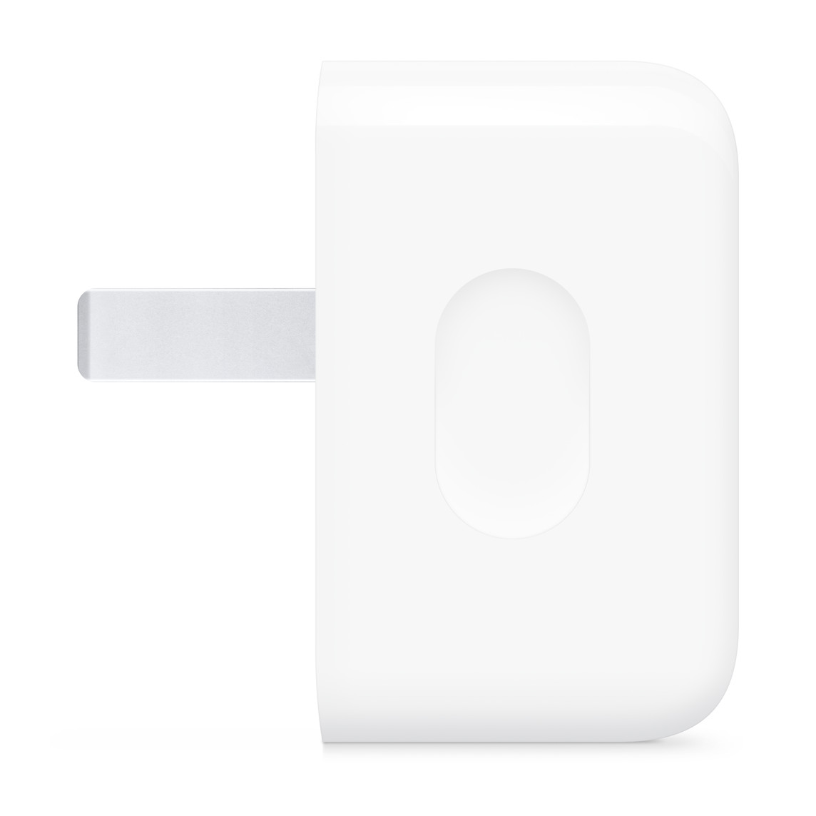 Da Phone Islam: Questo è il caricabatterie Apple Lightning-Lightning da 40 W a ricarica rapida, di forma rettangolare e con supporto per la ricarica più rapida, mostrato su un lato con un perno metallico trasparente su sfondo bianco.