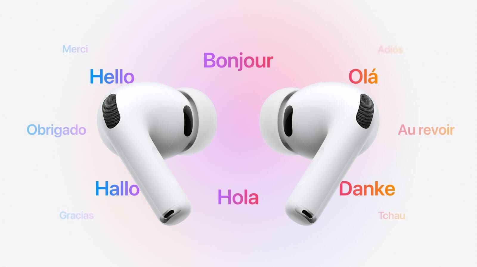 من موقع فون إسلام: تظهر سماعتا أذن Airpods Pro 3 اللاسلكيتان مع تحيات وتوديع بلغات متعددة تحيط بهما على خلفية متدرجة، مع إبراز ميزات جديدة كجزء من دليللك الشامل.