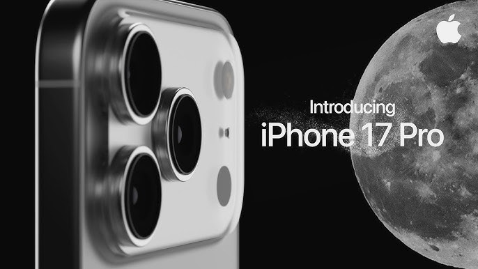 من موقع فون إسلام: لقطة مقرّبة لـ كاميرا آي فون آي برو 17 بجانب صورة جزئية للقمر، ويظهر فيها النص "نقدم لكم آيفون 17 برو" وشعار أبل.