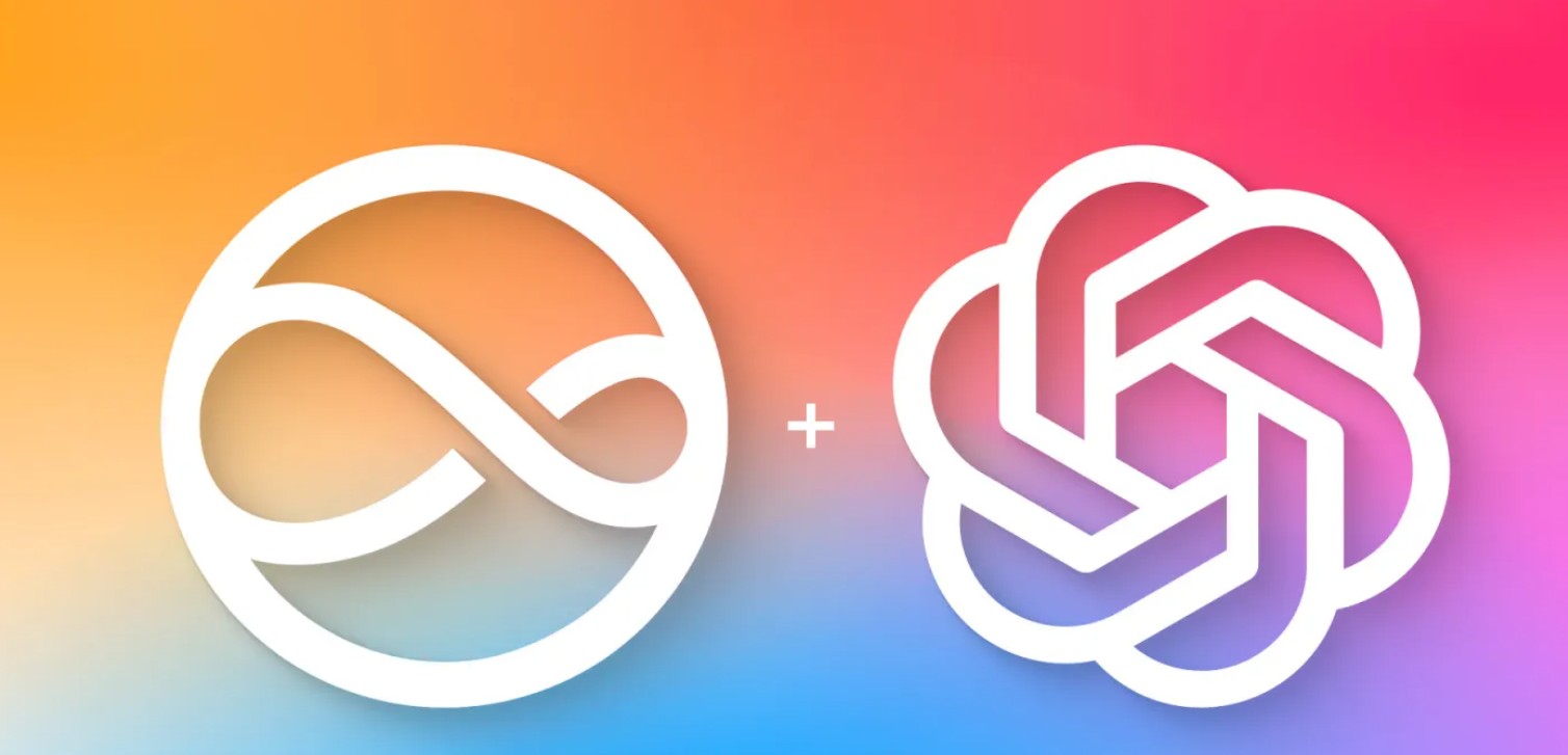 من موقع فون إسلام: يظهر شعارا Infinity الأبيض وOpenAI، اللذان يرمزان إلى Siri وChatGPT، جنباً إلى جنب على خلفية متدرجة نابضة بالحياة من البرتقالي والأصفر والوردي والأرجواني، مفصولة بعلامة زائد.