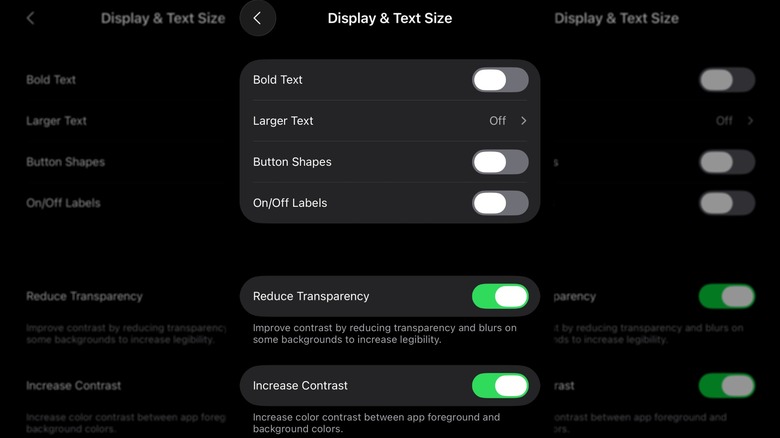 من موقع فون إسلام: تعرض شاشة في نظام التشغيل iOS 26 إعدادات العرض وحجم النص، مع مفاتيح تبديل للنص الغامق والنص الأكبر وأشكال الأزرار وخيارات مثل تقليل شفافية لتحسين الرؤية - وهي مثالية للمستخدمين الذين يفضلون تأثيرات أقل من تأثيرات الزجاج السائل.