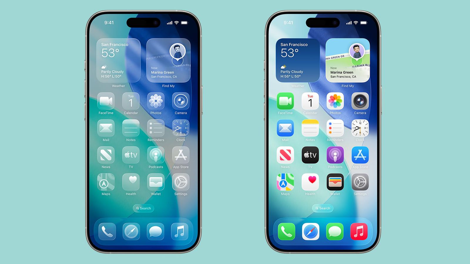 من موقع فون إسلام: يعرض جهازا آيفون شاشتين رئيسيتين بنفس الخلفية; بعد تثبيت نظام iOS 26، تعرض الشاشة اليسرى أيقونات تطبيقات شفافة وبسيطة، بينما تعرض الشاشة اليمنى أيقونات قياسية وأداة الطقس - من أشياء عليك تجربتها تجربة هذه التصاميم الجديدة.