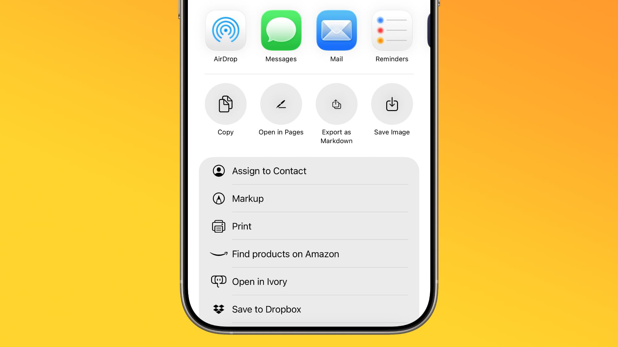 Do Phone Islam: A tela do smartphone exibe um menu de compartilhamento com opções como AirDrop, Mensagens, Mail, Lembretes, Copiar, Imprimir e Salvar no Dropbox em um fundo gradiente amarelo-laranja no aplicativo Notas no iOS 26, com suporte para exportação de arquivos Markdown.