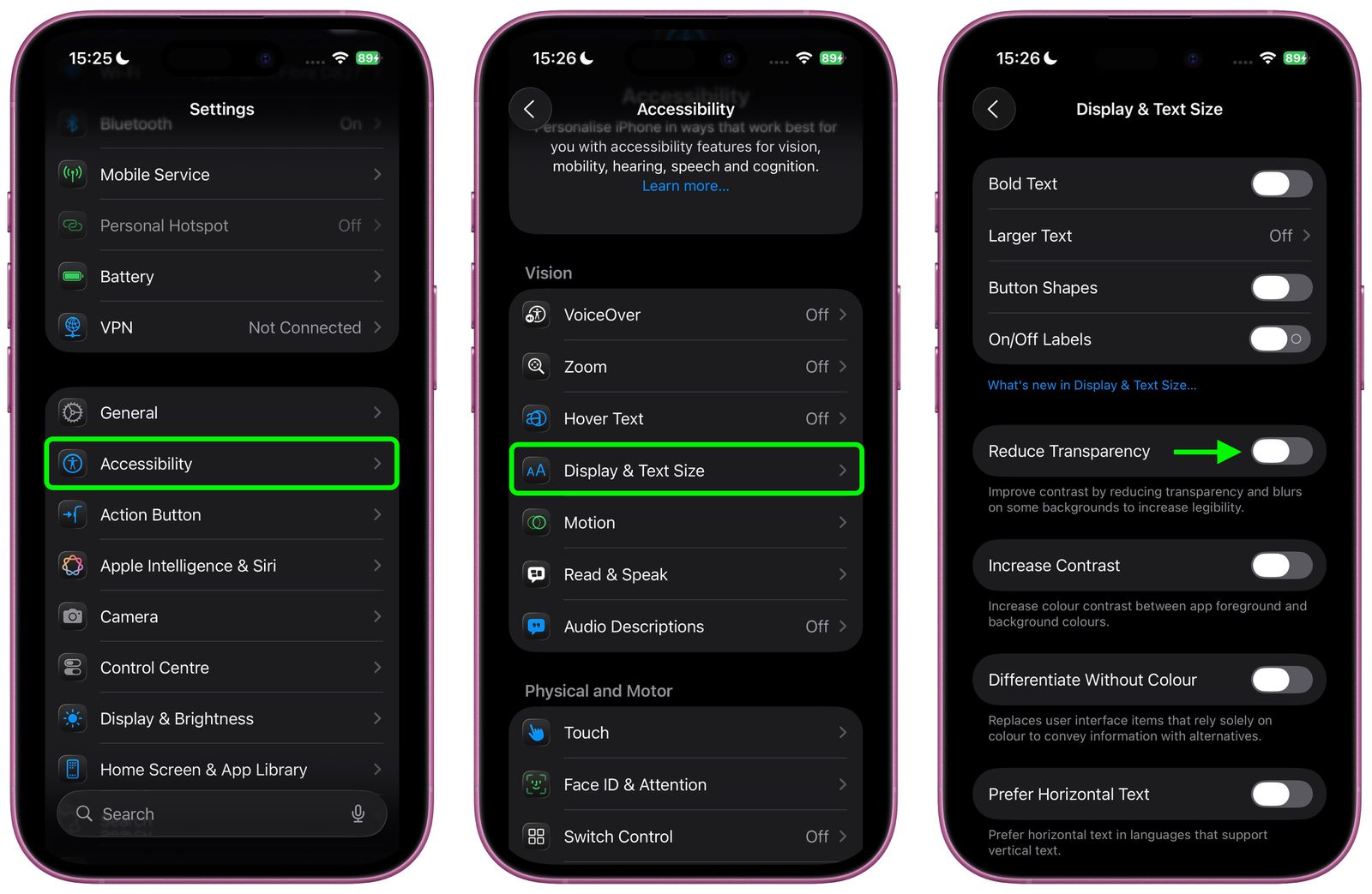 من موقع فون إسلام: تُظهر ثلاثة أجهزة iPhone خطوات الانتقال إلى إعدادات العرض وحجم النص عبر إمكانية الوصول في تطبيق إعدادات iOS 26. تسلط الشاشة الثالثة الضوء على خيارات العرض مثل تقليل شفافية العرض لتحسين الرؤية.