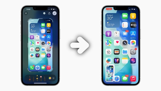 من موقع فون إسلام: جهازا آيفون جنبًا إلى جنب: يظهر على اليسار شاشة تحرير لقطات الشاشة على نظام iOS 26، بينما يعرض اليمين شاشة رئيسية مع التطبيقات. يشير السهم من اليسار إلى اليمين.