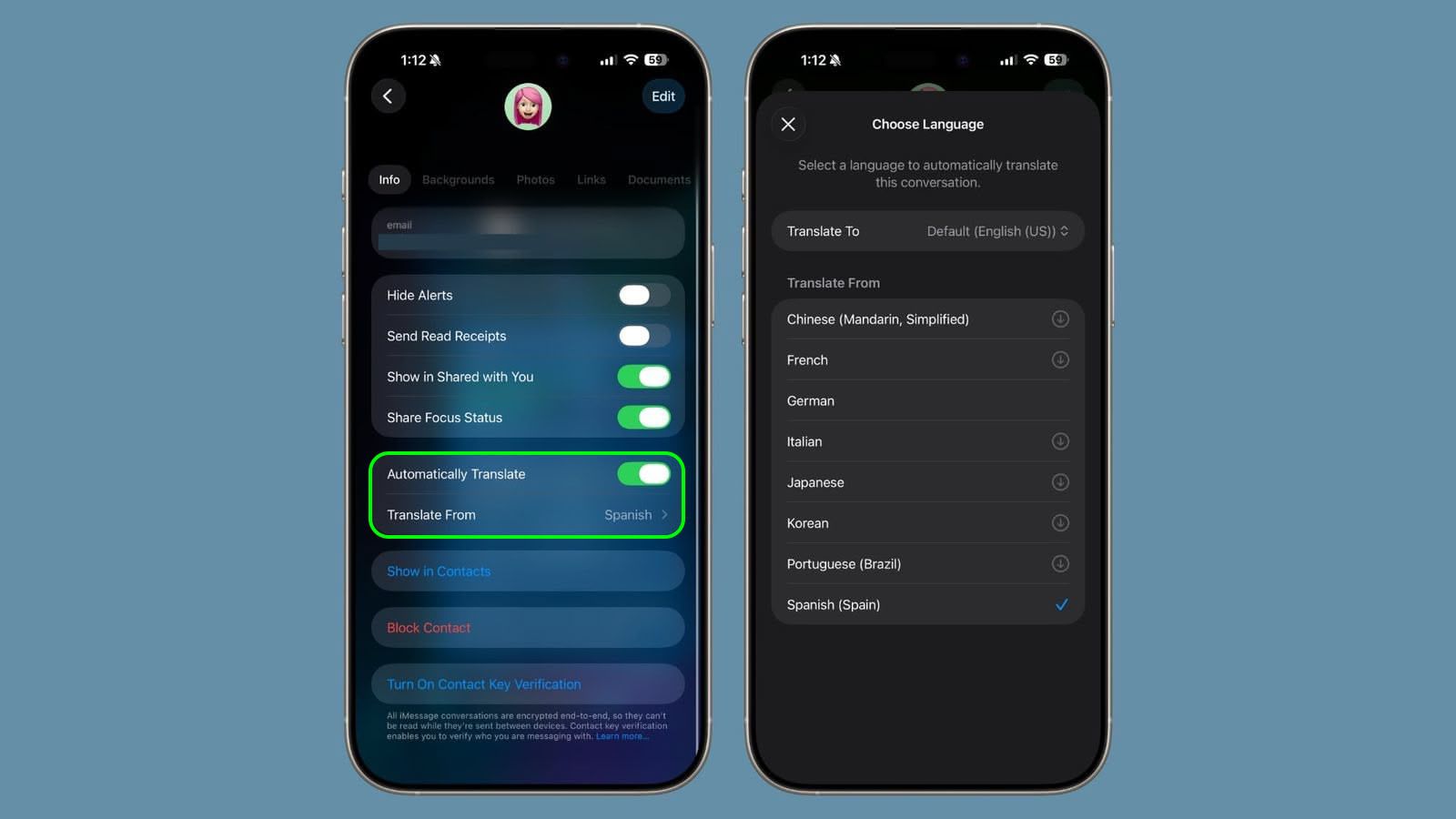 Ji Phone Islam: Du telefonên jîr mîhengên wergerandina ziman di sepana Peyaman de nîşan didin. Telefona jîr a rast mîhengên wergerandina tavilê û hilbijartina ziman nîşan dide, di heman demê de telefona jîr a rast vebijarkên guheztina di navbera zimanan de nîşan dide ku peyam dikarin jê werin wergerandin - ji bo iOS 26-ê pêşkeftîtir.