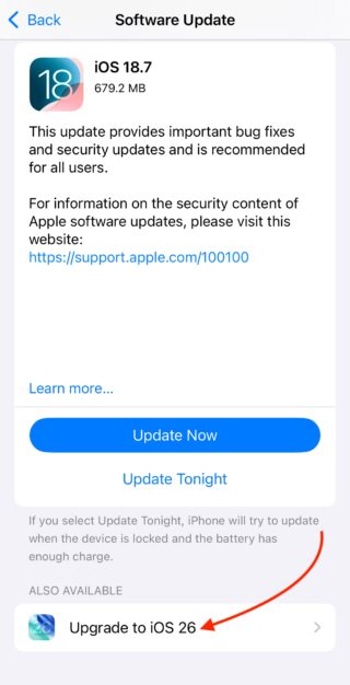 من موقع فون إسلام: لقطة شاشة لشاشة تحديث برنامج آيفون تظهر نظام التشغيل iOS 18.7 متوفر، مع إبراز تحديث iOS 26 في الأسفل، وهي لقطة شاشة مثالية لأي شخص يسعى لتحديث جهاز جهازك.