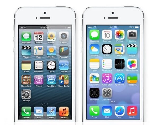 من موقع فون إسلام: يعرض جهازا آيفون أبيض اللون شاشتيهما الرئيسيتين جنباً إلى جنب؛ تعكس الشاشة اليسرى نظام iOS الأقدم، بينما تكشف اليمنى عن ثورة بصرية مع أيقونات تطبيقات معاد تصميمها وتصميم الزجاج السائل لإضفاء لمسة عصرية.