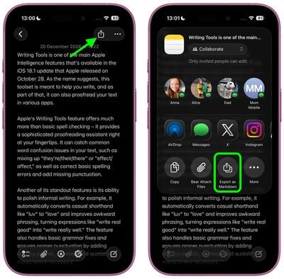 Do Phone Islam: Ambas as telas do smartphone exibem um artigo; a tela da direita mostra um menu de compartilhamento com a opção “Ver redução de preço” destacada em verde no iOS 26.