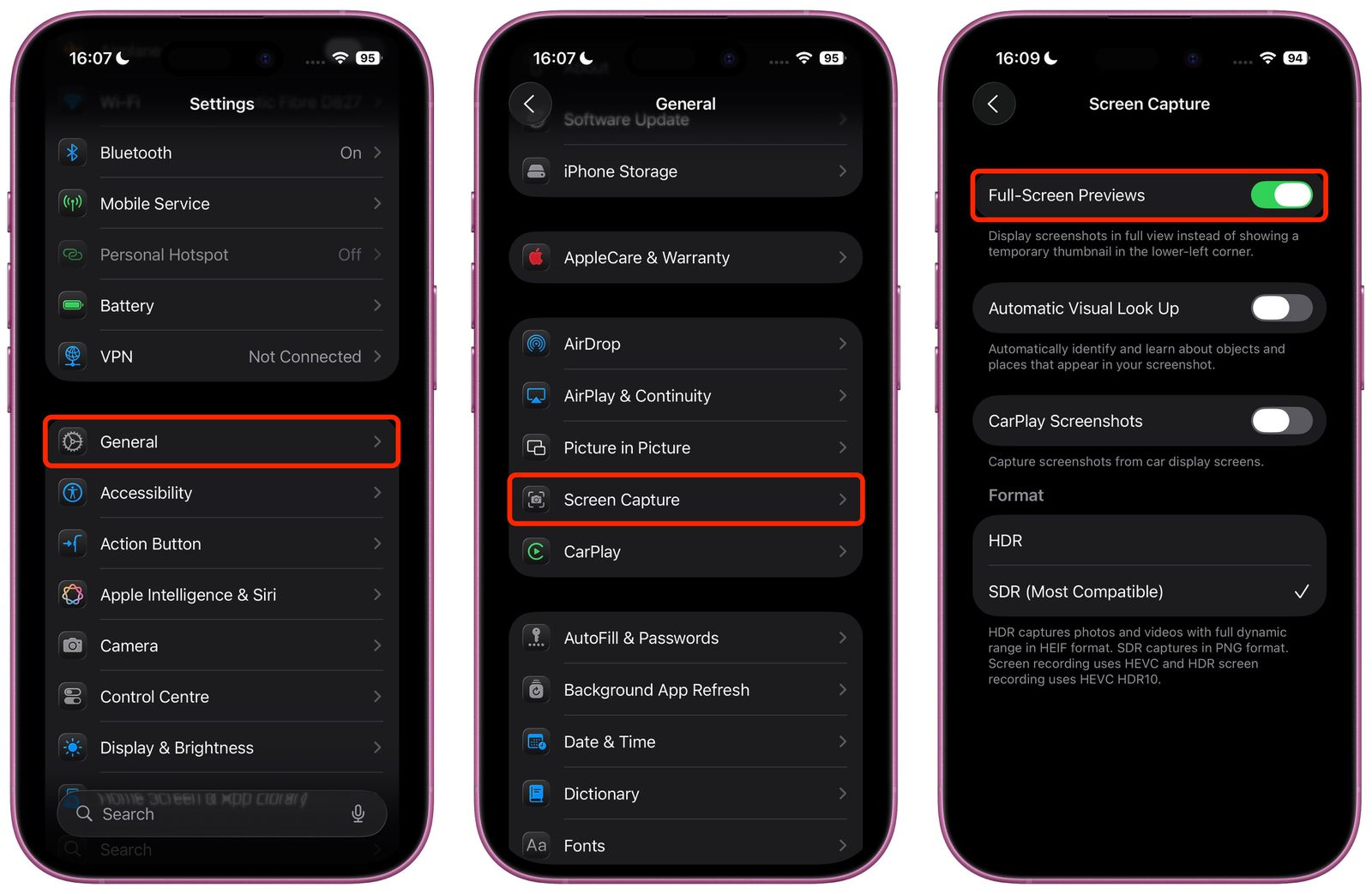 من موقع فون إسلام: تعرض ثلاث شاشات آيفون كيفية تمكين معاينات ملء الشاشة لالتقاط الشاشة في نظام iOS 26: اذهب إلى الإعدادات > عام > التقاط الشاشة، ثم قم بتبديل معاينات ملء الشاشة لتشغيل أو إيقاف تشغيلها (إيقاف المعاينات).