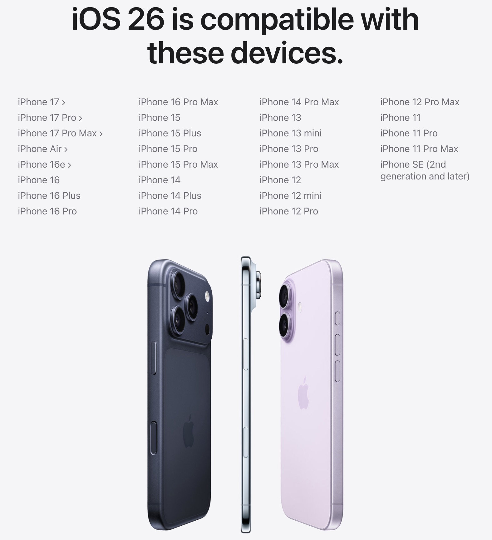 من موقع فون إسلام: تظهر قائمة بأجهزة iPhone المتوافقة مع تحديث iOS 26 فوق جهازي iPhone - أحدهما داكن والآخر فاتح - في اتجاهين متعاكسين، مما يوفر لك دليل iOS سهل الاستخدام من أجل ترقية الجهاز القادم.