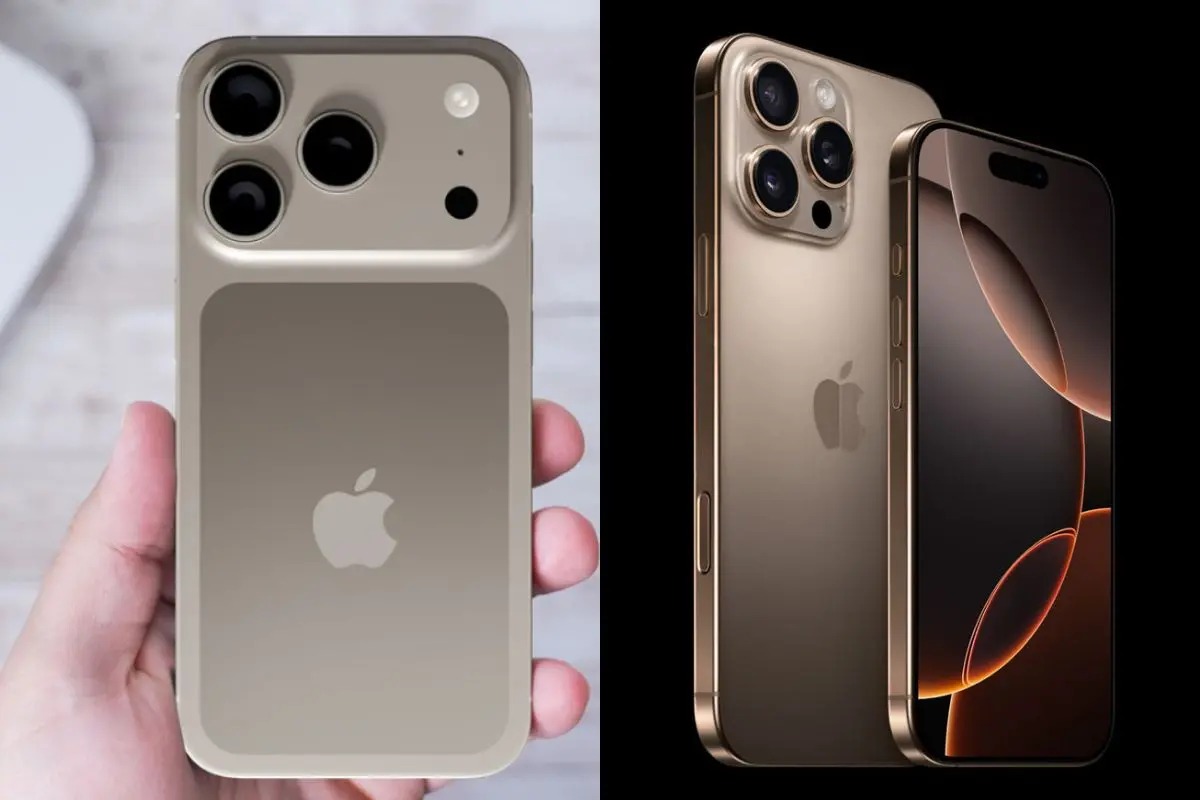 From iPhone Islam: Two iPhones with a gold finish; the left shows three cameras and an empty space, sparking rumors of design changes. The right image shows the front and back of a prototype iPhone, hinting at potential iPhone 17 features.