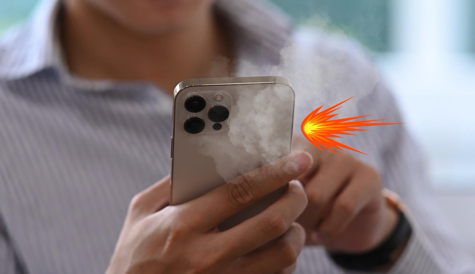 Из Phone Islam: Человек держит дымящийся смартфон, который испускает вспышку света, что указывает на перегрев или серьезную неисправность — это вызывает опасения при сравнении Pro 17 и Pro 16.