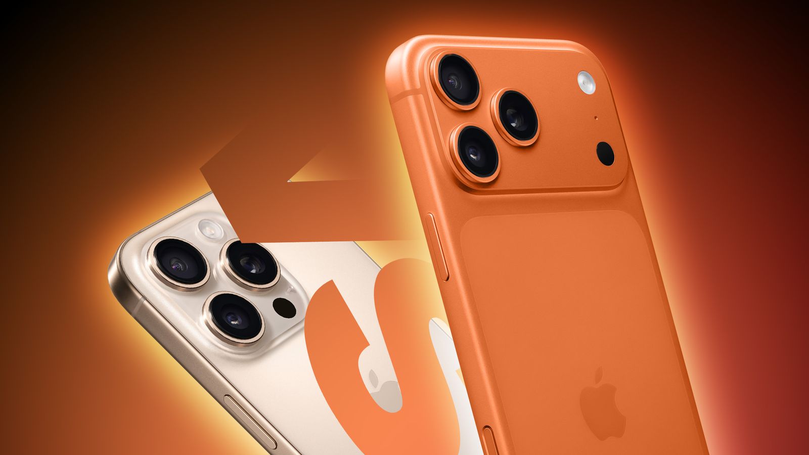 Из iPhone Islam: показаны два iPhone, один золотой, а другой оранжевый, при этом оранжевый телефон находится на переднем плане, подчеркивая тройную камеру на оранжевом градиентном фоне; сравнение iPhone 16 Pro и iPhone 17 Pro.