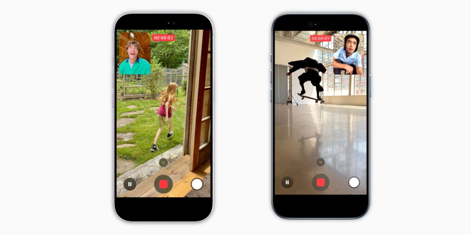 من موقع فون إسلام: هاتفان ذكيان من طراز آي-فون 17 يعرضان التسجيل المزدوج: أحدهما يعرض فتاة تركض في الخارج، والآخر يعرض شخصًا يتزلج في الداخل، وتظهر وجوه المتصلين في نوافذ أصغر حجمًا من أجل تصوير سلس للصور.