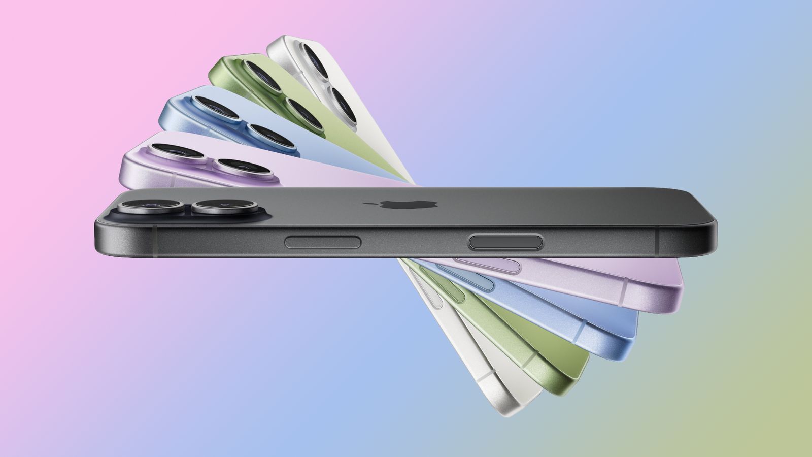 من موقع فون إسلام: يتم عرض مجموعة من أجهزة iPhone بألوان مختلفة في ترتيب مروحة خلف جهاز iPhone أسود، وكلها موضوعة على خلفية متدرجة بألوان الباستيل - وهي مثالية لإظهار أخبار التكنولوجيا أو ملخصات بصرية.