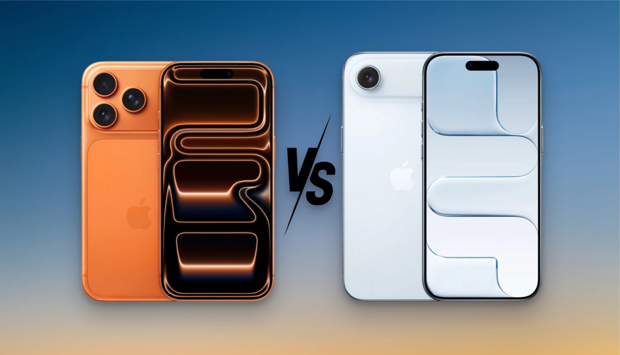 من موقع فون إسلام: يظهر جهازا آيفون جنبًا إلى جنب من أجل مقارنة مقارنة: آي-فون 17 برو باللون البرتقالي على اليسار وآي-فون إير باللون الأبيض على اليمين، مع وجود حرف "VS" في الوسط يشير إلى المقارنة.